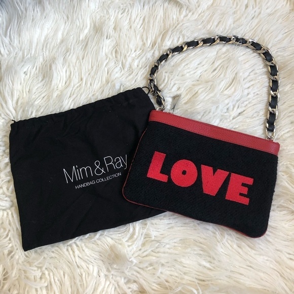 Mim & Ray Red Leather Black Wool Nayelli Love Graphic Pouchette Small Bag EUC OS - Picture 2 of 9